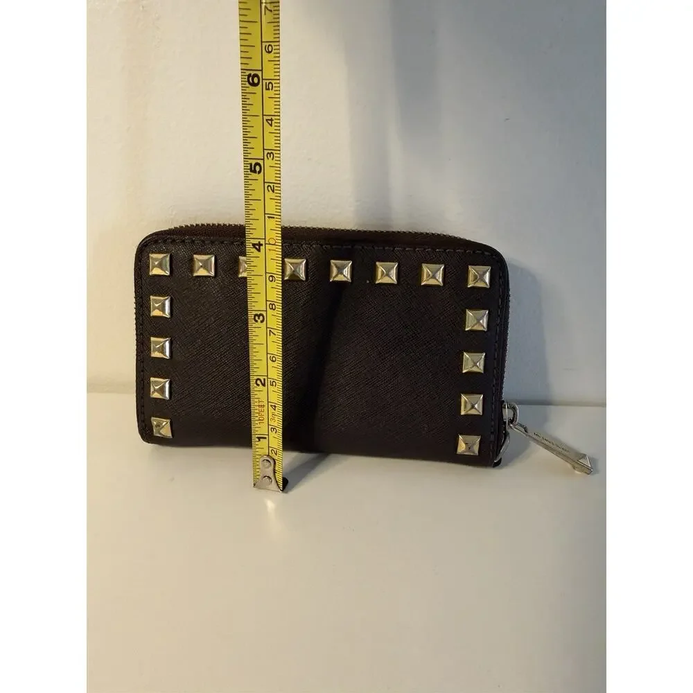 Michael Kors Saffiano Leather Studded Zip Around Wristlet Wallet Brown Gold